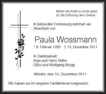 Anzeige von Paula Wossmann von Schwäbische Zeitung