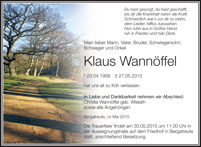  Traueranzeige für Klaus Wannöffel vom 29.05.2015 aus Schwäbische Zeitung