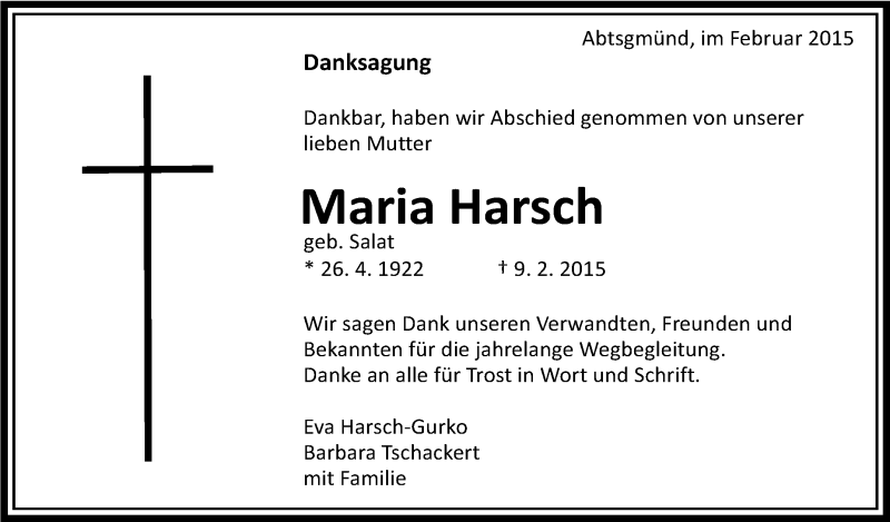 Traueranzeigen Von Maria Harsch Schwaebische De Trauerportal