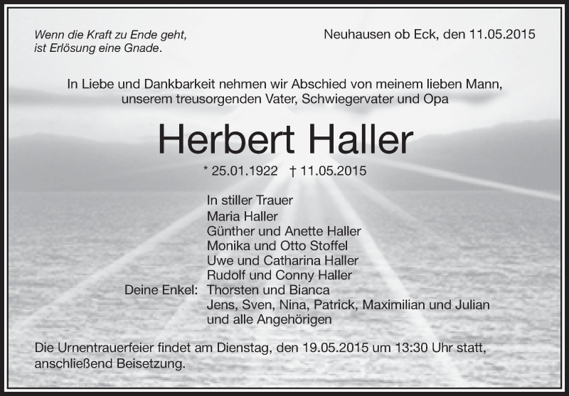 Traueranzeigen Von Herbert Haller Schwaebische De Trauerportal