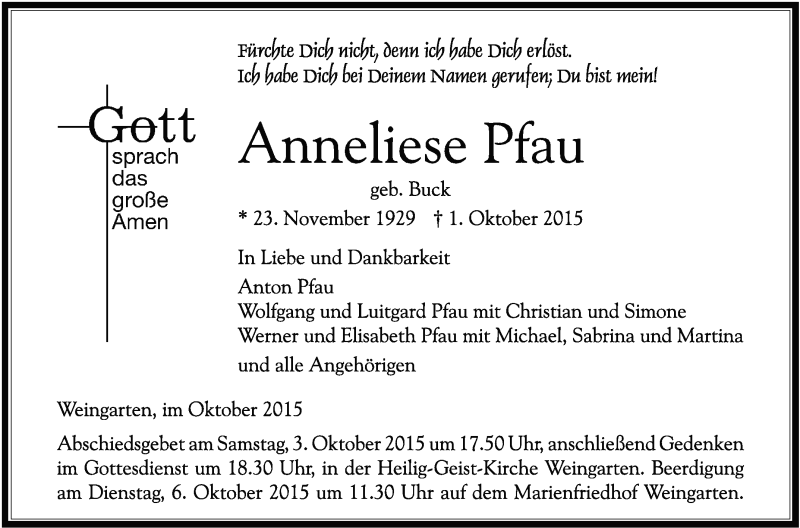  Traueranzeige für Anneliese Pfau vom 02.10.2015 aus Schwäbische Zeitung