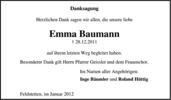 Anzeige von Emma Baumann von Schwäbische Zeitung