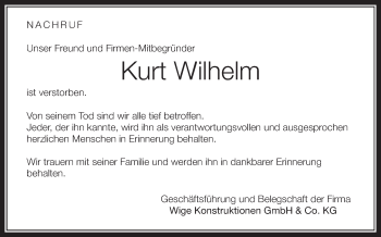 Anzeige von Kurt Wilhelm von Schwäbische Zeitung