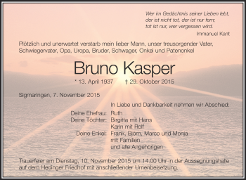 Traueranzeigen Von Bruno Kasper Schwaebische De Trauerportal