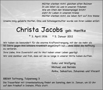 Anzeige von Christa Jacobs von Schwäbische Zeitung