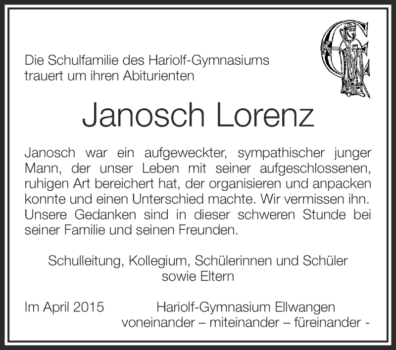  Traueranzeige für Janosch Lorenz vom 11.04.2015 aus Schwäbische Zeitung