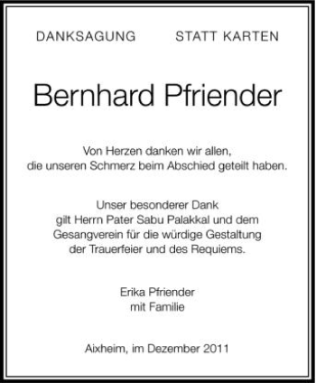 Anzeige von Bernhard Pfriender von Schwäbische Zeitung