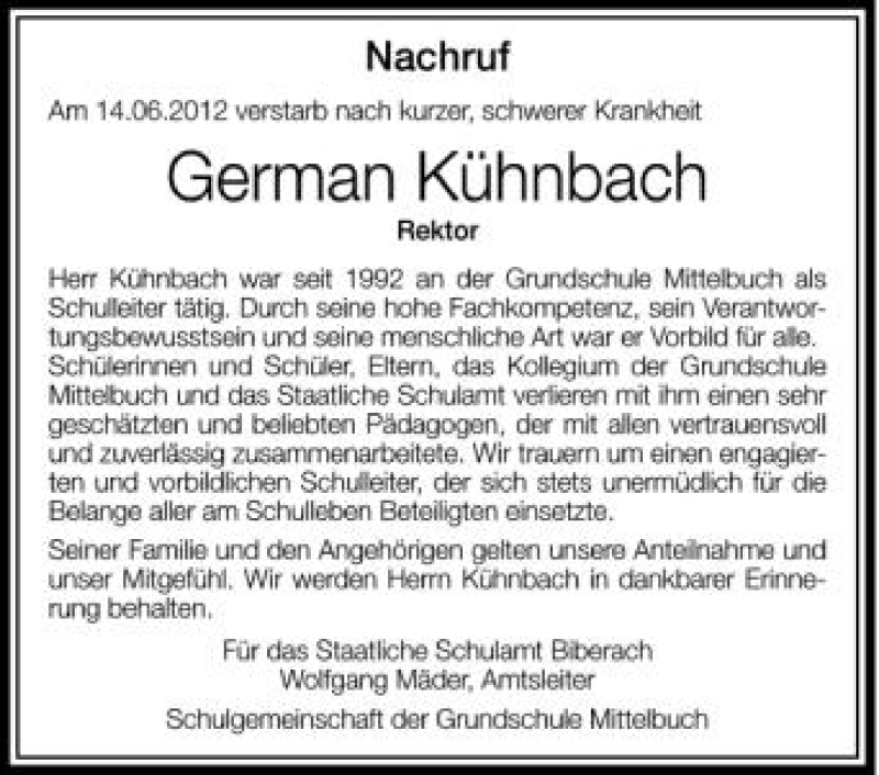  Traueranzeige für German Kühnbach vom 20.06.2012 aus Schwäbische Zeitung