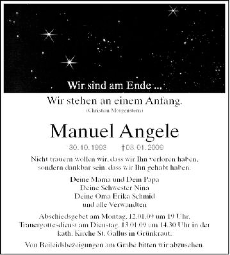  Traueranzeige für Manuel Angele vom 10.01.2009 aus Schwäbische Zeitung