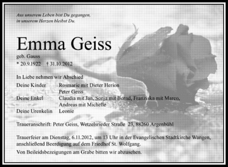  Traueranzeige für Emma Geiss vom 03.11.2012 aus Schwäbische Zeitung