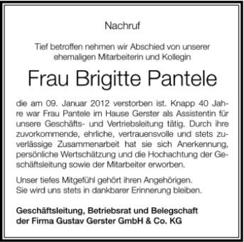 Anzeige von Brigitte Pantele von Schwäbische Zeitung