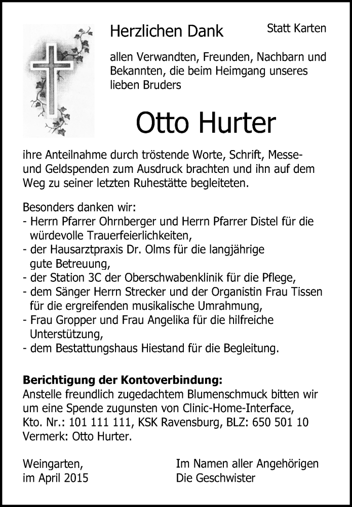 Traueranzeigen Von Otto Hurter Schwaebische De Trauerportal