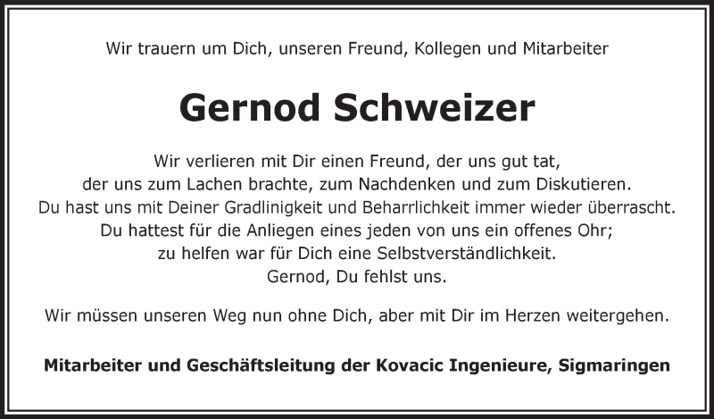  Traueranzeige für Gernod Schweizer vom 26.02.2015 aus Schwäbische Zeitung