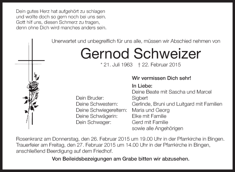 Traueranzeige für Gernod Schweizer vom 25.02.2015 aus Schwäbische Zeitung
