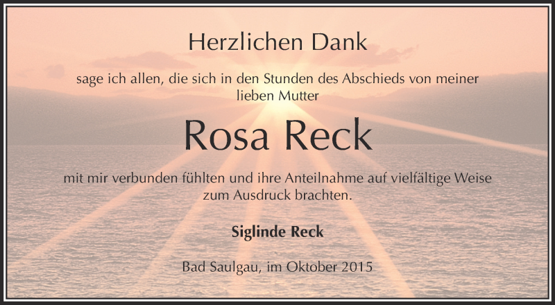  Traueranzeige für Rosa Reck vom 23.10.2015 aus Schwäbische Zeitung