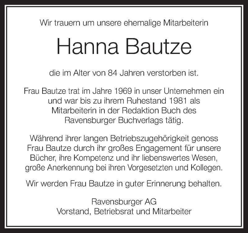 Traueranzeigen Von Hanna Bautze Schwaebische De Trauerportal