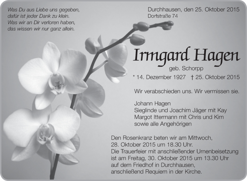 Traueranzeigen Von Irmgard Hagen Schwaebische De Trauerportal