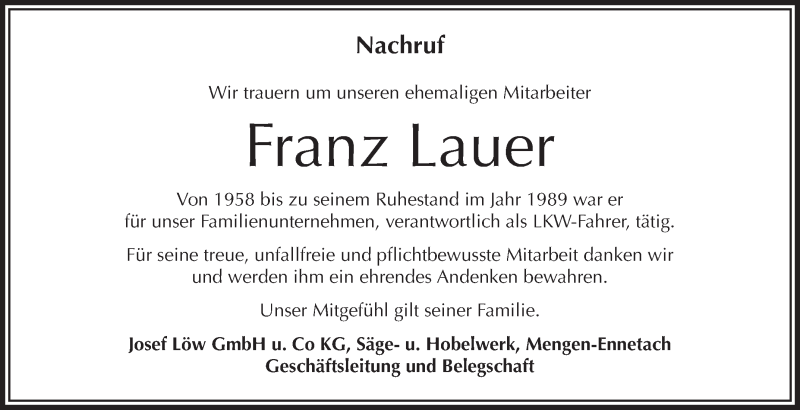 Traueranzeigen Von Franz Lauer Schwaebische De Trauerportal