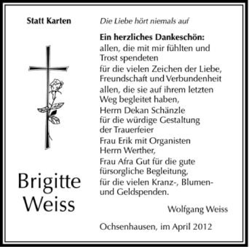  Traueranzeige für Brigitte Weiss vom 20.04.2012 aus Schwäbische Zeitung