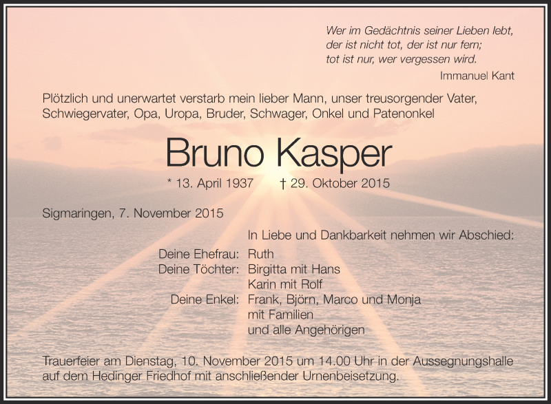  Traueranzeige für Bruno Kasper vom 07.11.2015 aus Schwäbische Zeitung