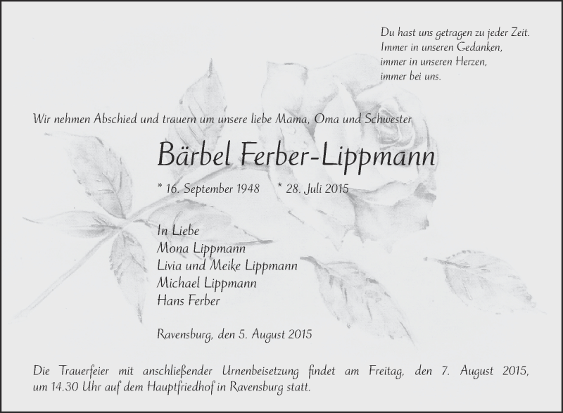 Traueranzeige für Bärbel Ferber-Lippmann vom 05.08.2015 aus Schwäbische Zeitung
