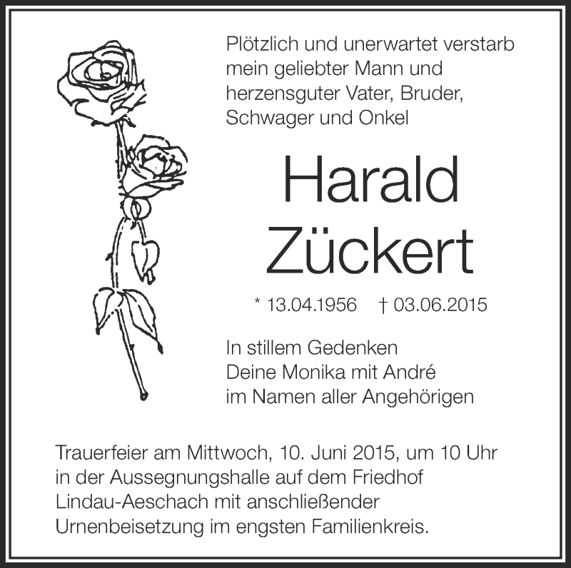  Traueranzeige für Harald Zückert vom 06.06.2015 aus Schwäbische Zeitung