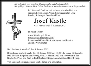 Anzeige von Josef Kästle von Schwäbische Zeitung