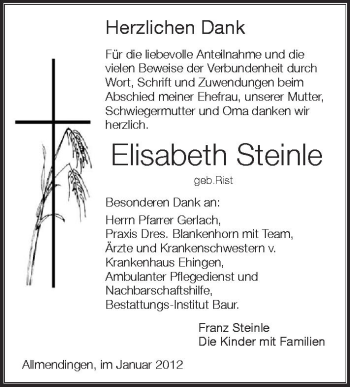 Anzeige von Elisabeth Steinle von Schwäbische Zeitung