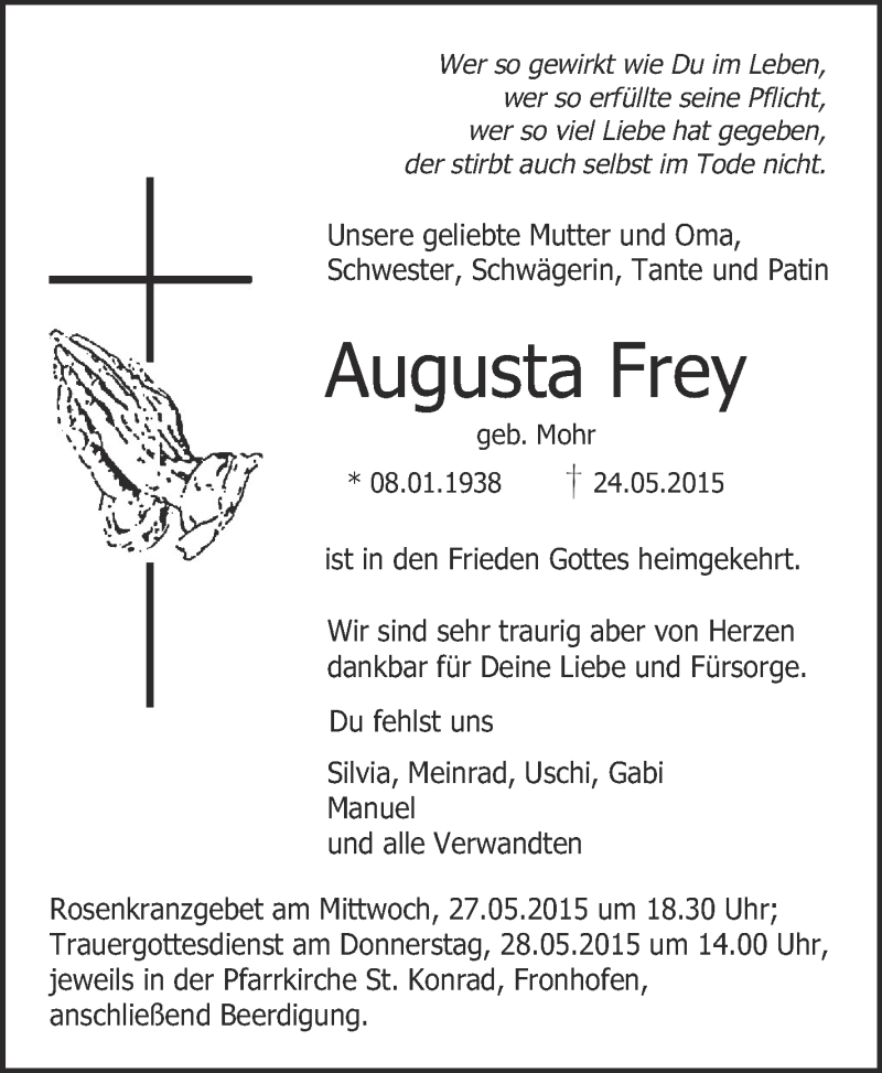  Traueranzeige für Augusta Frey vom 26.05.2015 aus Schwäbische Zeitung