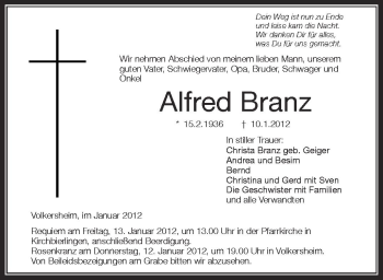 Anzeige von Alfred Branz von Schwäbische Zeitung