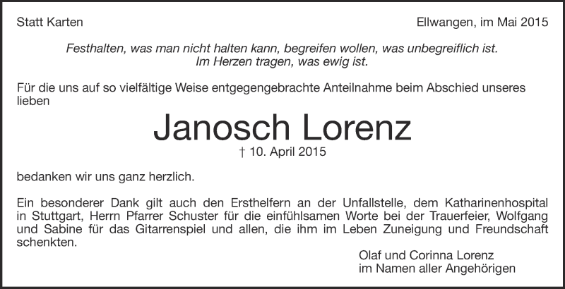  Traueranzeige für Janosch Lorenz vom 02.05.2015 aus Schwäbische Zeitung