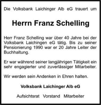 Anzeige von Franz Schelling von Schwäbische Zeitung
