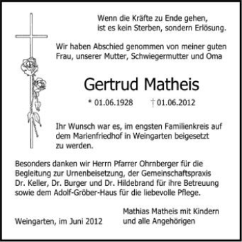 Traueranzeigen Von Gertrud Matheis Schwaebische De Trauerportal