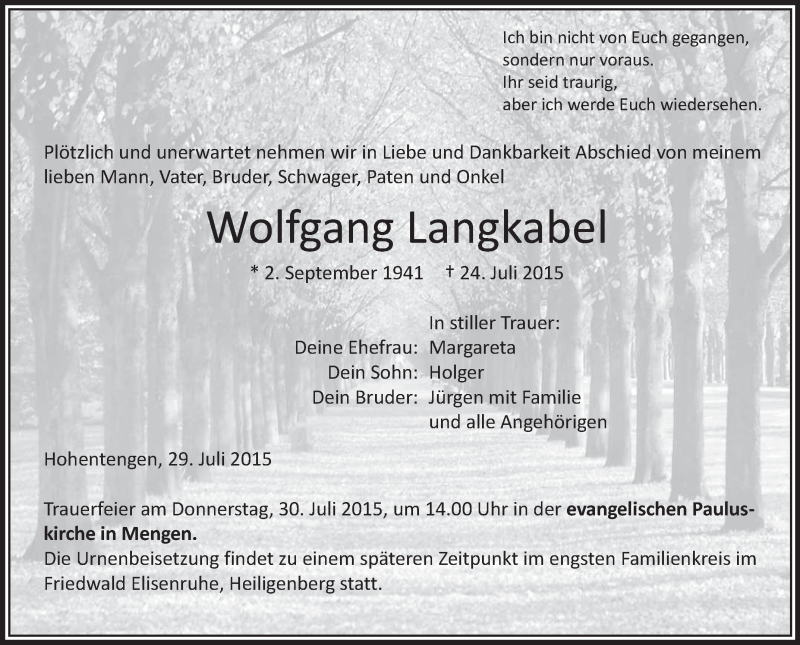  Traueranzeige für Wolfgang Langkabel vom 29.07.2015 aus Schwäbische Zeitung