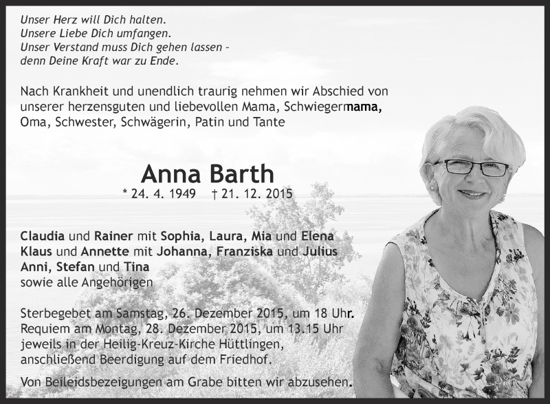 Traueranzeigen Von Anna Barth Schwaebische De Trauerportal