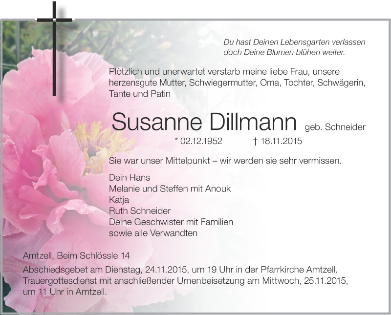  Traueranzeige für Susanne Dillmann vom 21.11.2015 aus Schwäbische Zeitung