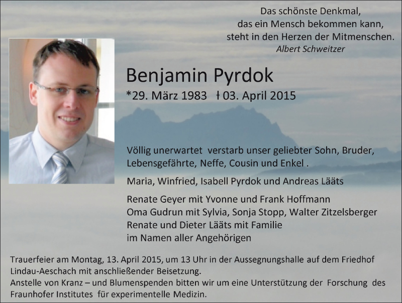  Traueranzeige für Benjamin Pyrdok vom 09.04.2015 aus Schwäbische Zeitung