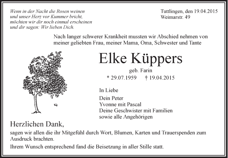  Traueranzeige für Elke Küppers vom 02.05.2015 aus Schwäbische Zeitung