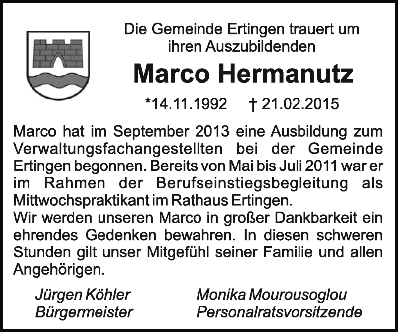  Traueranzeige für Marco Hermanutz vom 25.02.2015 aus Schwäbische Zeitung