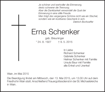 Anzeige von Erna Schenker von Schwäbische Zeitung