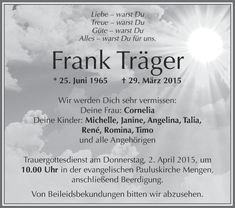  Traueranzeige für Frank Träger vom 01.04.2015 aus Schwäbische Zeitung