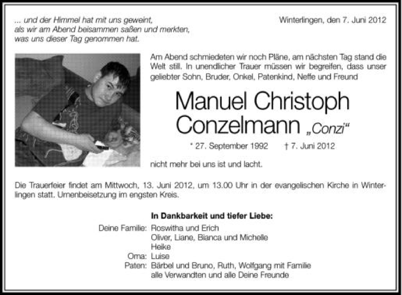 Traueranzeigen Von Manuel Christoph Conzelmann Schwaebische De