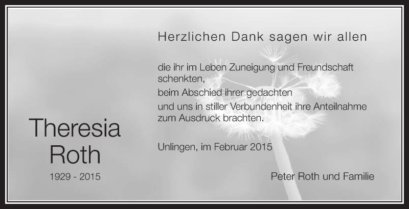  Traueranzeige für Theresia Roth vom 28.02.2015 aus Schwäbische Zeitung