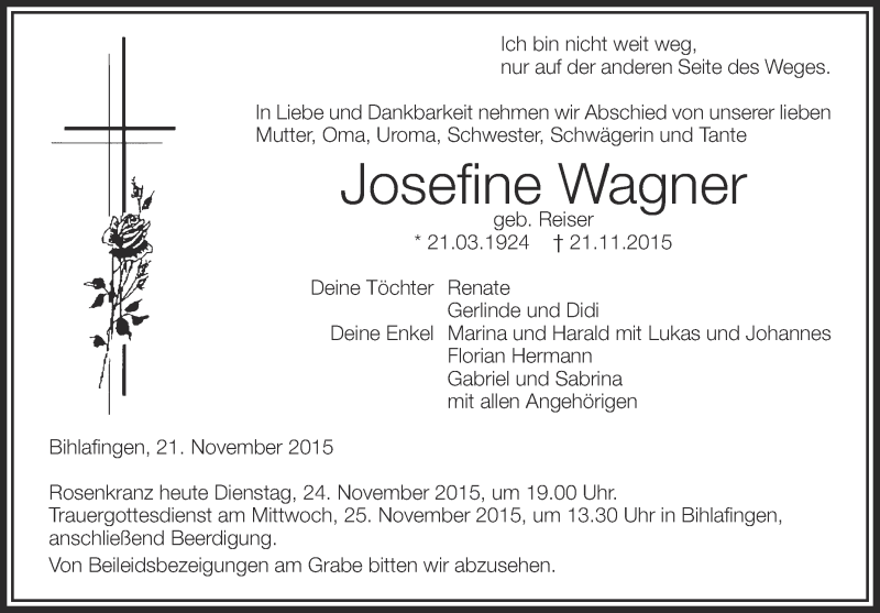 Traueranzeigen Von Josefine Wagner Schwaebische De Trauerportal