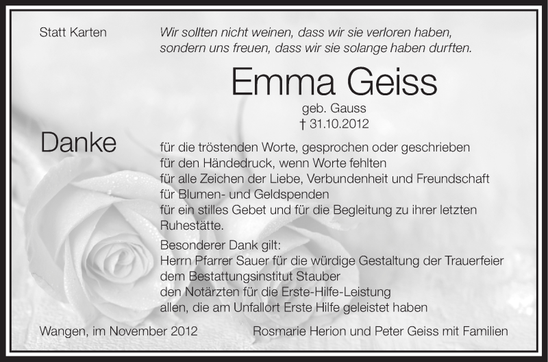  Traueranzeige für Emma Geiss vom 28.11.2012 aus Schwäbische Zeitung