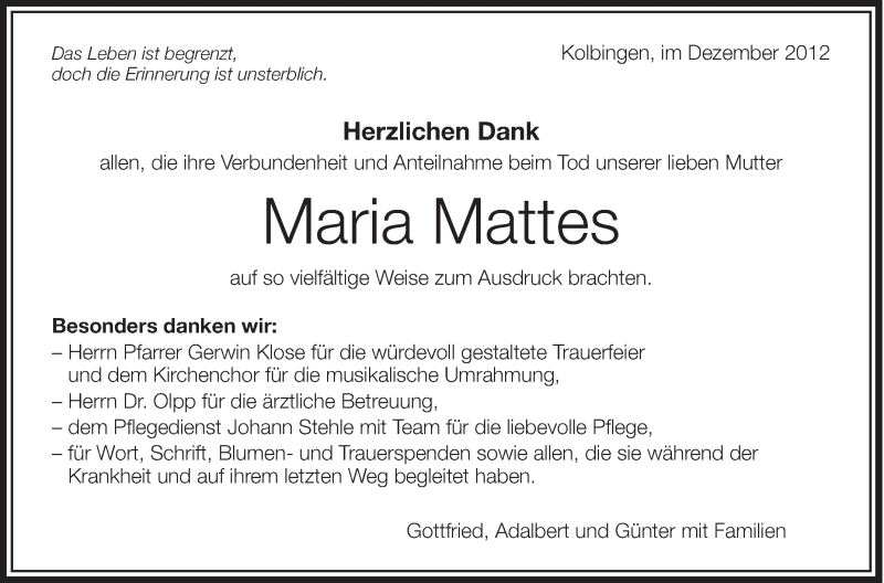 Traueranzeigen Von Maria Mattes Schwaebische De Trauerportal