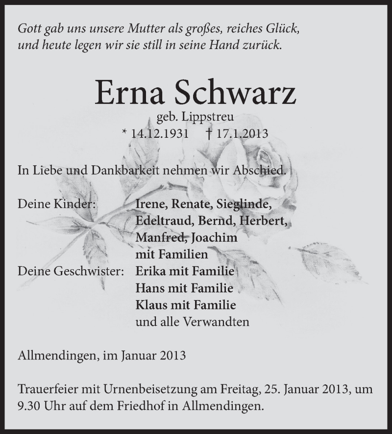  Traueranzeige für Erna Schwarz vom 23.01.2013 aus Schwäbische Zeitung