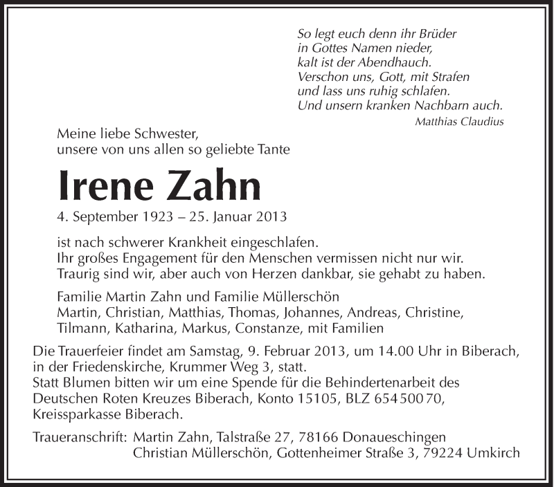 Traueranzeigen Von Irene Zahn Schwaebische De Trauerportal