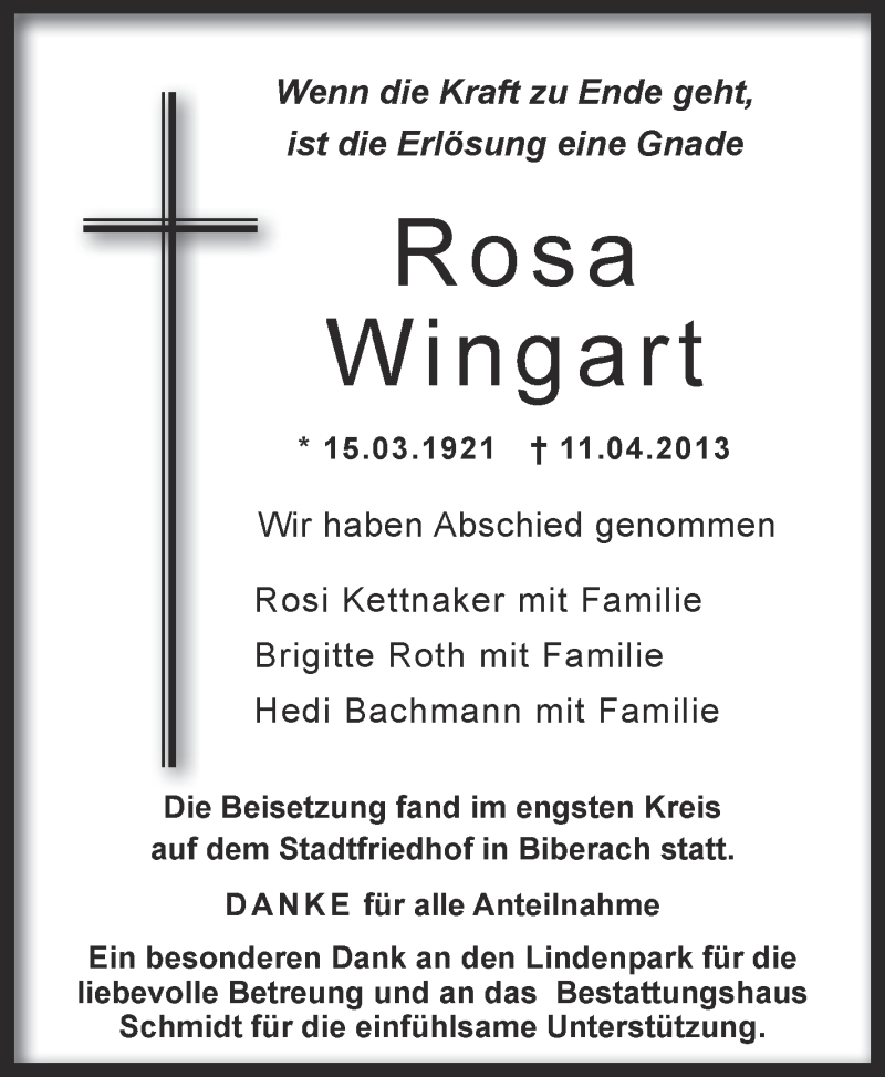  Traueranzeige für Rosa Wingart vom 24.04.2013 aus Schwäbische Zeitung