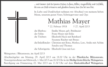 Anzeige von Mathias Mayer von Schwäbische Zeitung